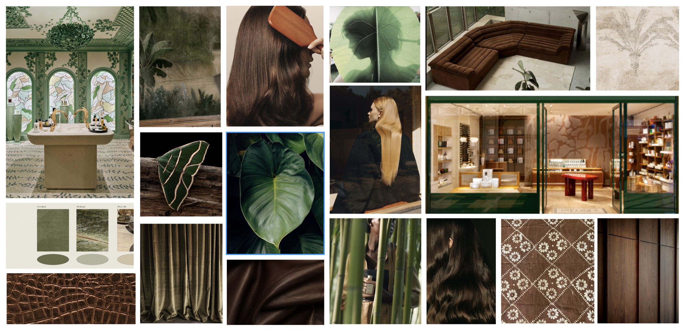 Concept I — refined Botanic Allure moodboard: botanical greens, conservatory light and warm wood textures